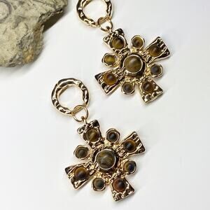 NEW Tigers Eye Gold Statement Hoop Earrings